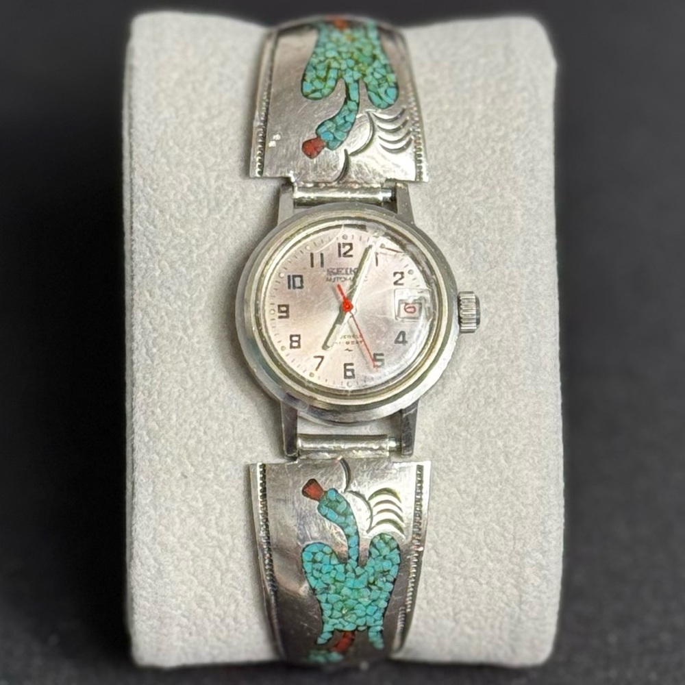 Vintage Seiko Automatic Watch Sterling Silver Navajo Cuff Signed Kenny Guerro